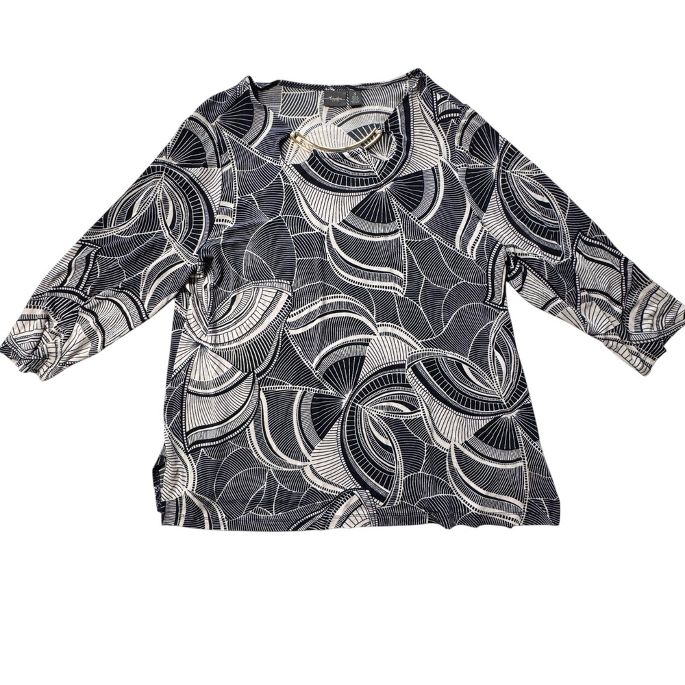 Chico's Travelers Top Womens XL Black White Abstract Gold Hardware Art Deco Mod